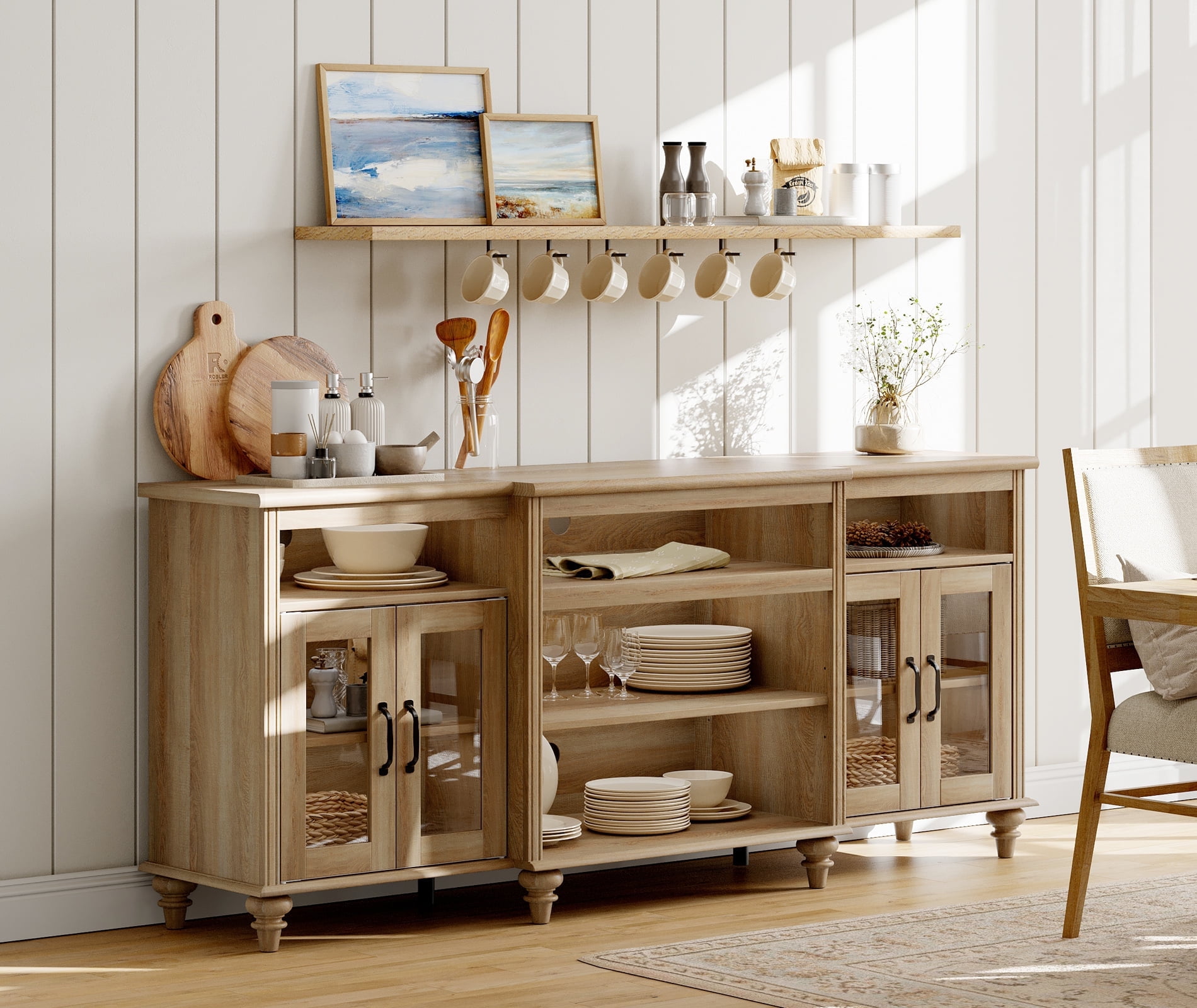 WAMAPT Buffet Cabinet, Large Coffee Bar Tables Wood Kitchen Storage Cabinets with 9 Storages, Modern Farmhouse Sideboard Credenza for Dining Room